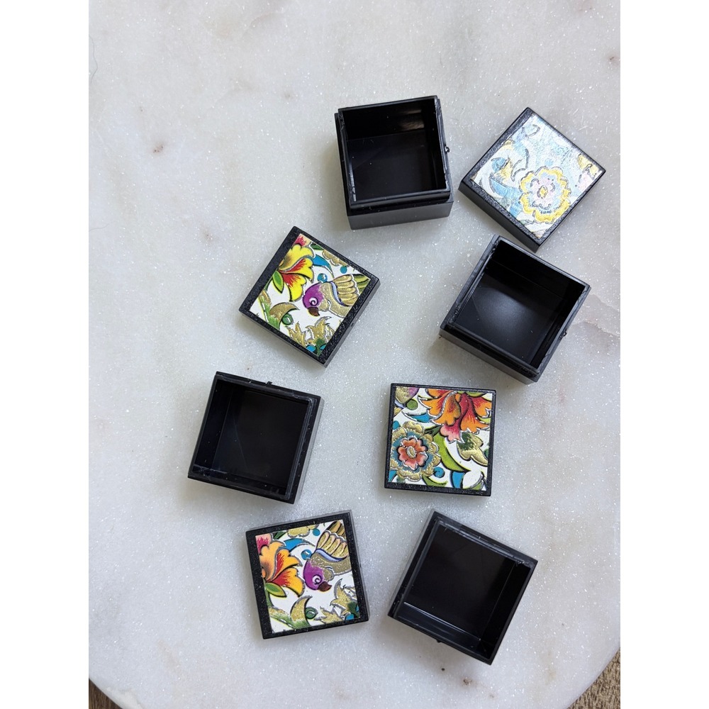 Black Floral Bird Trinket Boxes Set of 4 Mini Square Plastic Containers Decor - Picture 3 of 6